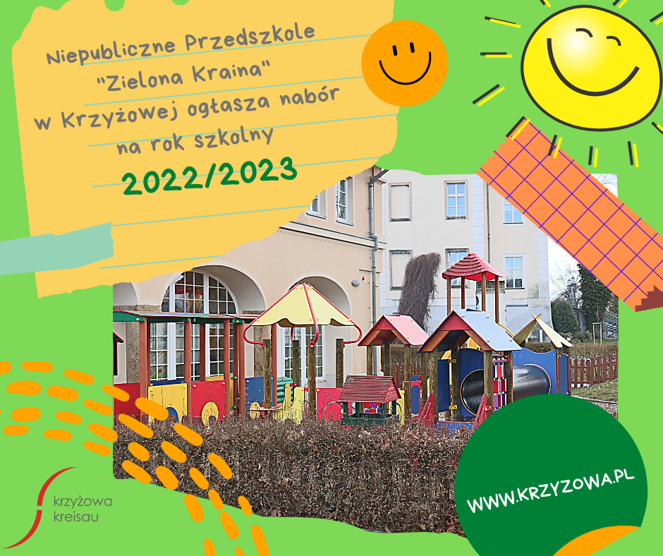 Niepubliczne Przedszkole „Zielona Kraina" w Krzyżowej ogłasza nabór na rok szkolny 2022/2023